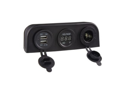Trojitá zásuvka s panelem CL, Voltmetr, 2x USB nabíječka
