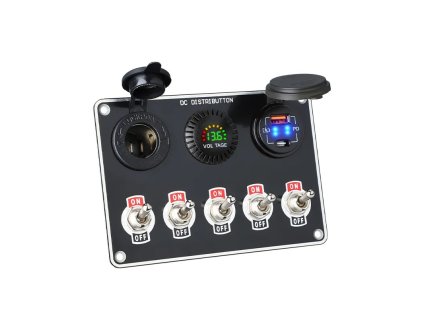Panel s 5x spínači + 2x USB/Voltmetr a CL zásuvka, 12/24V