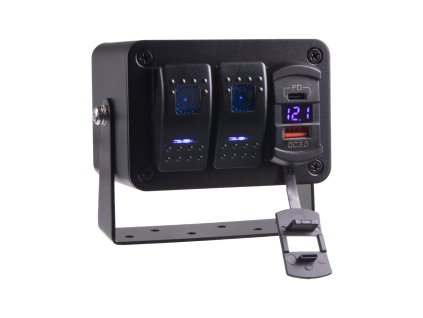 Panel s 2x spínači Rocker, voltmetr +  USB/USB-C zásuvka, 12/24V