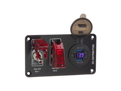 Panel s 2x spínači + 2xUSB, 1xUSB-C + voltmetr 12V