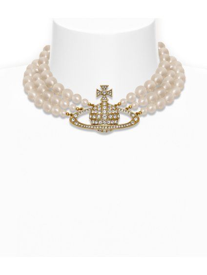 Náhrdelník - THREE ROW PEARL BAS RELIEF CHOKER zlatý