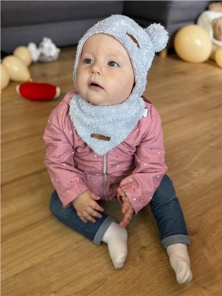 Zimná dojčenská čiapočka so šatkou na krk New Baby Teddy bear šedo ružová 86 (12-18m)