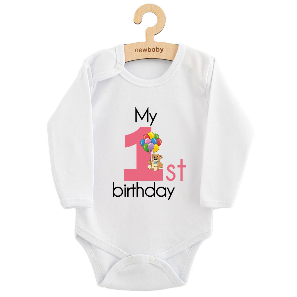 Detské body s potlačou New Baby My first birthday pink 80 (9-12m)