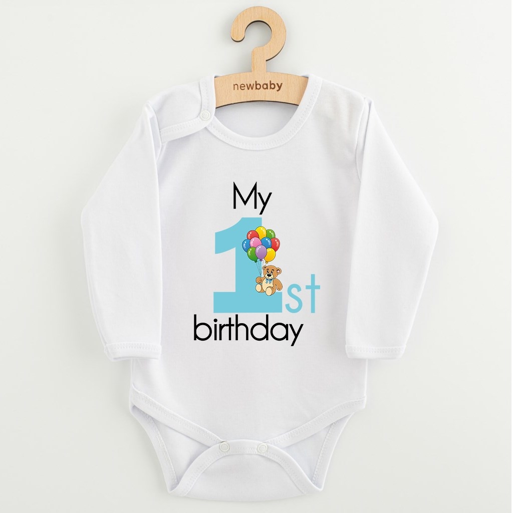 Detské body s potlačou New Baby My first birthday blue 80 (9-12m)
