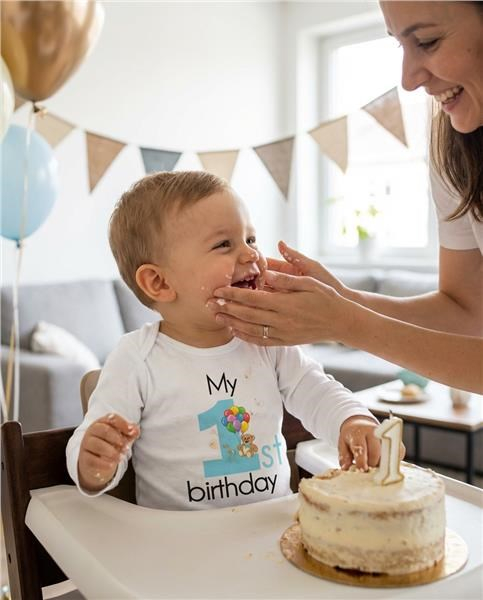 Detské body s potlačou New Baby My first birthday blue 86 (12-18m)
