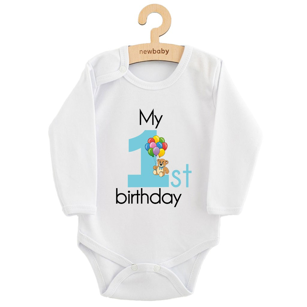 Detské body s potlačou New Baby My first birthday blue 86 (12-18m)