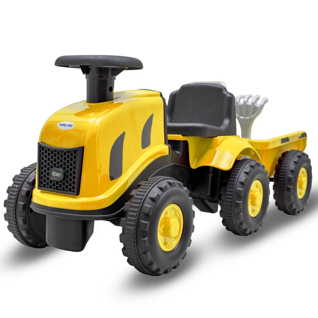 Detské odrážadlo traktor s vlečkou a náradim Baby Mix Benny žltý