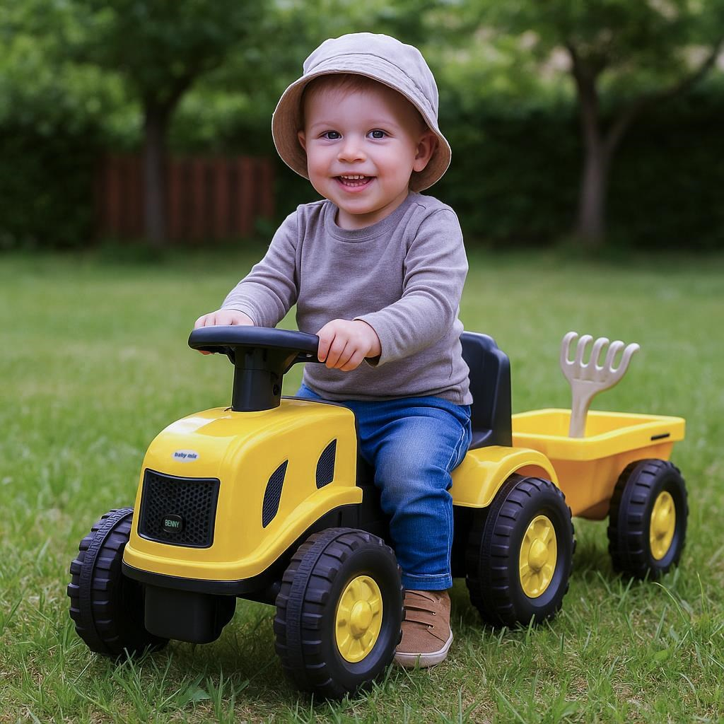 Detské odrážadlo traktor s vlečkou a náradim Baby Mix Benny žltý