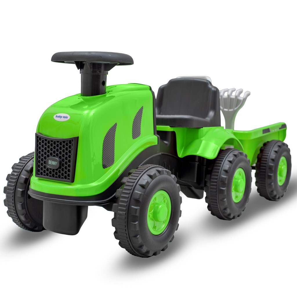 Detské odrážadlo traktor s vlečkou a náradim Baby Mix Benny zelený
