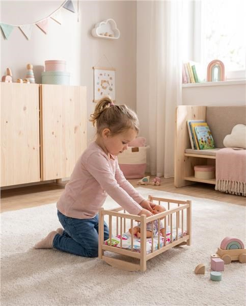 Drevená postieľka-kolíska pre bábiky s obliečkami Baby Mix