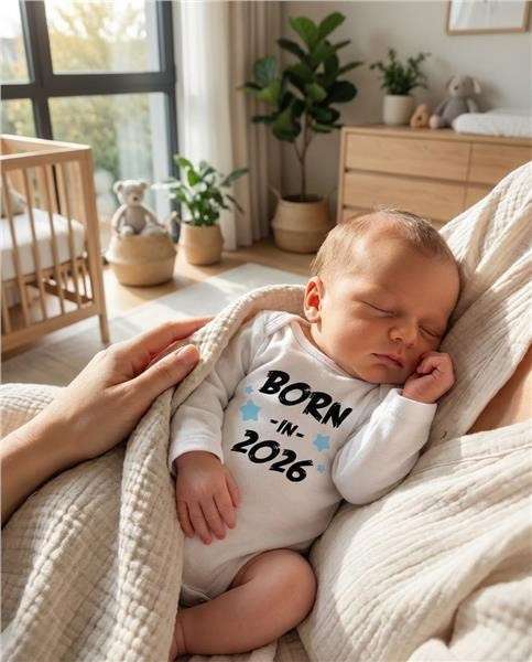 Detské body s potlačou New Baby BORN IN 2026 blue 80 (9-12m)