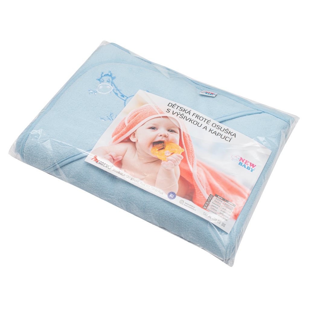 Detská froté osuška s výšivkou a kapuckou New Baby 100x100 modrá žirafka