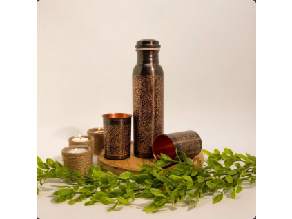 pure copper set of bottle flower pattern antique (± 950 ml 300 g) with 2 cups
