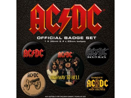 PLACKY|ODZNAKY|SET 5 KUSŮ  AC/DC|ALBUMS (2,5 cm|3,8 cm)