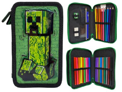 POUZDRO ŠKOLNÍ|MINECRAFT  CREEPER|DVOJDÍLNÉ|14 x 20 x 5 cm