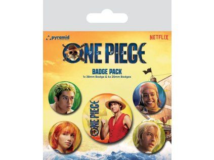 PLACKY|ODZNAKY|SET 5 KUSŮ|ONE PIECE  LIVE ACTION|ROLES (2,5 cm|3,8 cm)