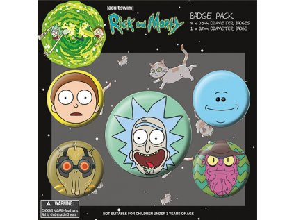 PLACKY|ODZNAKY|SET 5 KUSŮ  RICK AND MORTY|HEADS|2,5 cm|3,8 cm