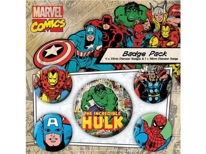 PLACKY|ODZNAKY|SET 5 KUSŮ  MARVEL|RETRO HULK (2,5 cm|3,8 cm)