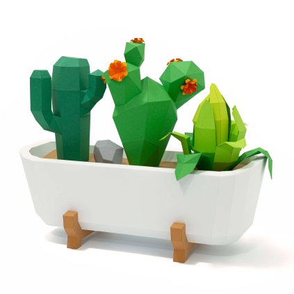 Sada kaktusů a rostlin v bílém truhlíku – papírový model