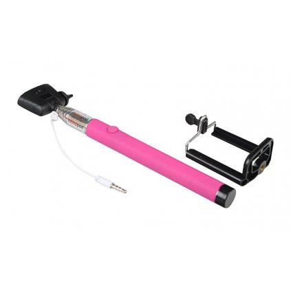 Selfie tyč s káblom a držiakom telefónu (ružová)