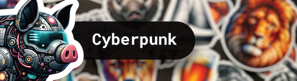 Na obrázku je zobrazeno prase domácí v cyberpunkovém provedení ve formě futuristické a kvalitní laminované samolepky, vedle něj je nápis cyberpunk, obrázek totiž odkazuje na kategorii samolepek s motivy cyberpunku s futuristickými prvky. Celé je to umístě