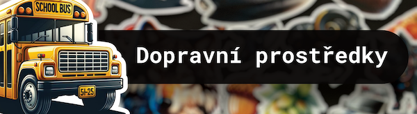 Na obrázku je zobrazen školní autobus ve formě krásné a kvalitní laminované samolepky, vedle něj je nápis dopravní prostředky, obrázek totiž odkazuje na kategorii samolepek s motivy dopravních prostředků. Celé je to umístěné na pozadí, kde jsou vidět dalš