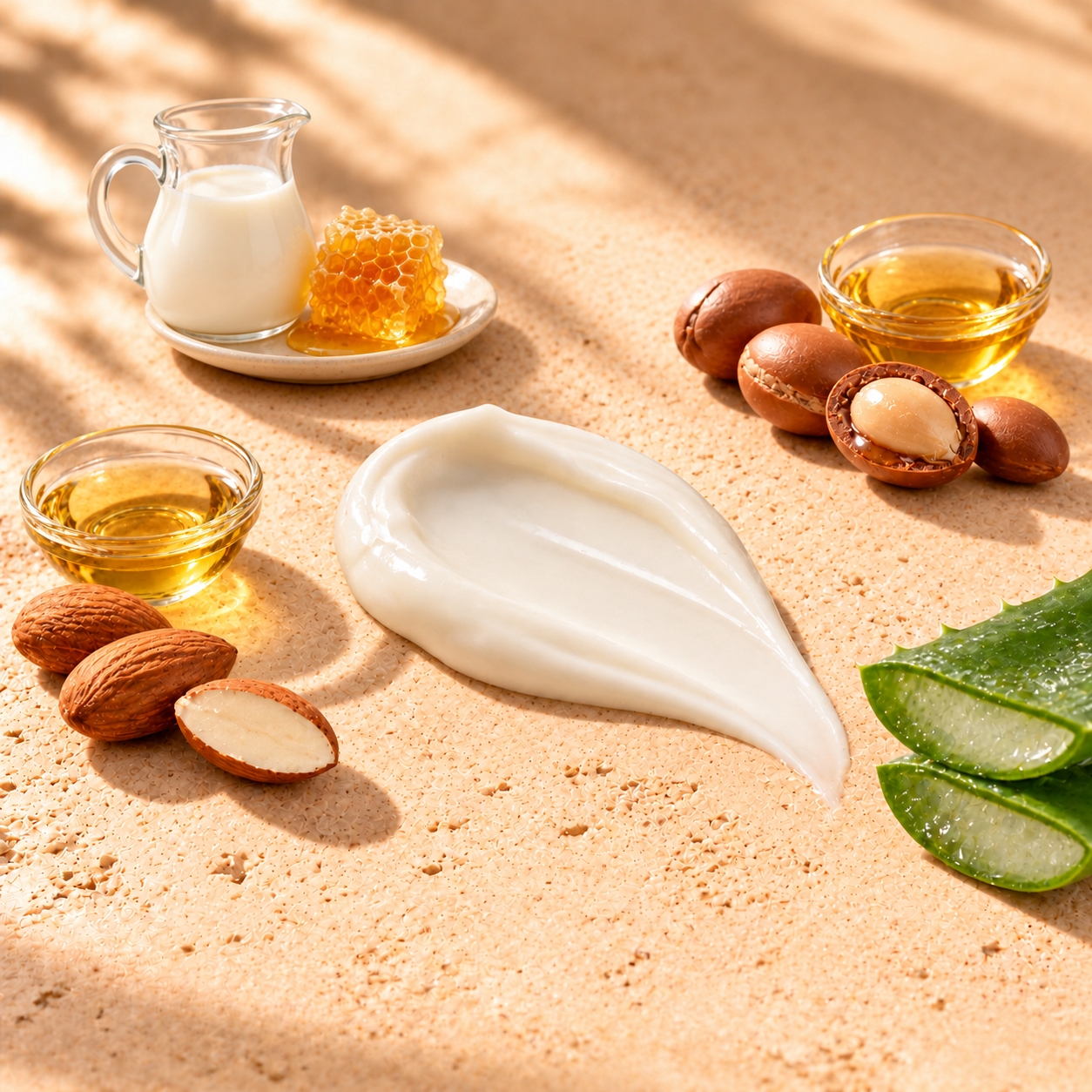 Ľahká textúra krému, mandle, mandľový a arganový olej a aloe vera