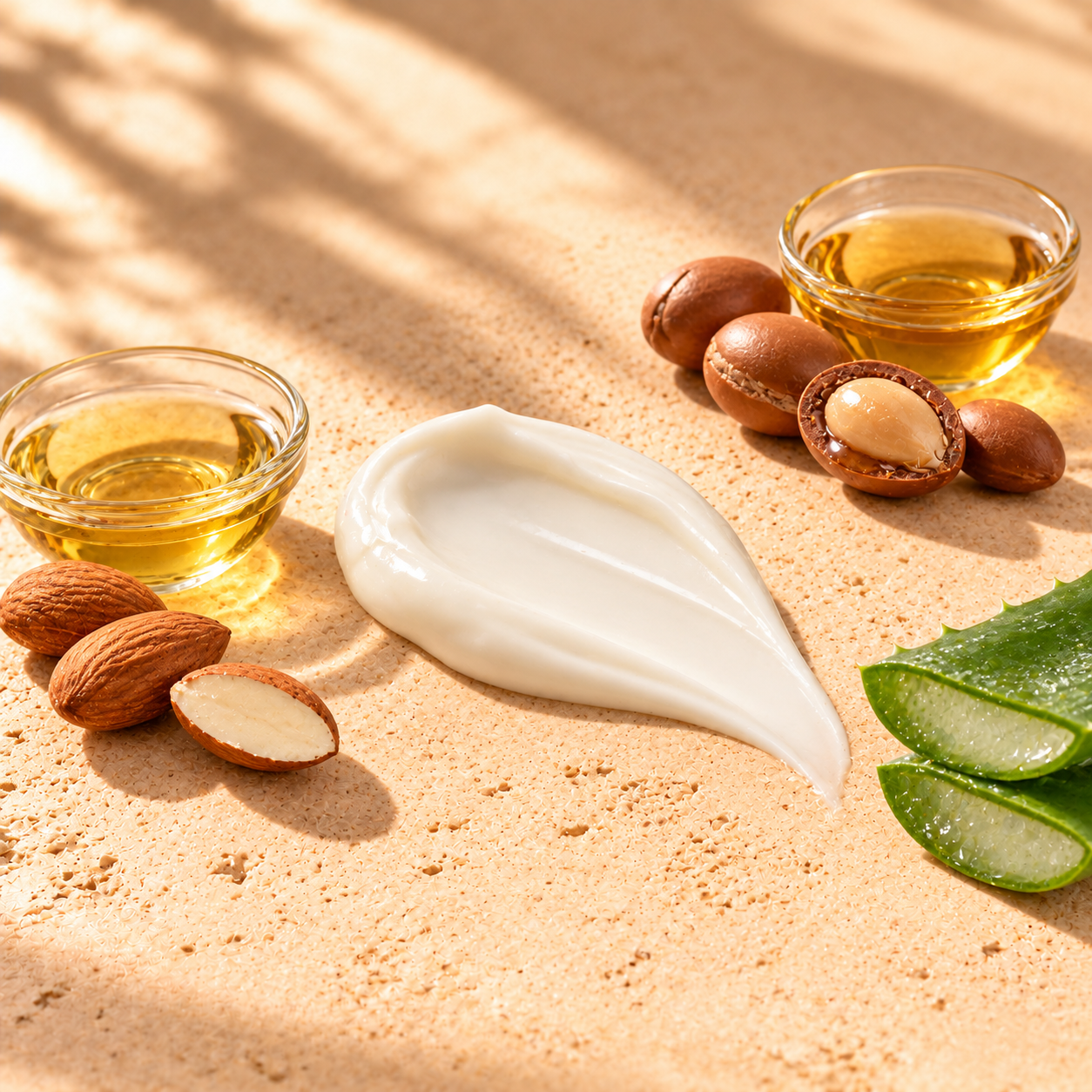 Ľahká textúra krému, mandle, mandľový a arganový olej a aloe vera