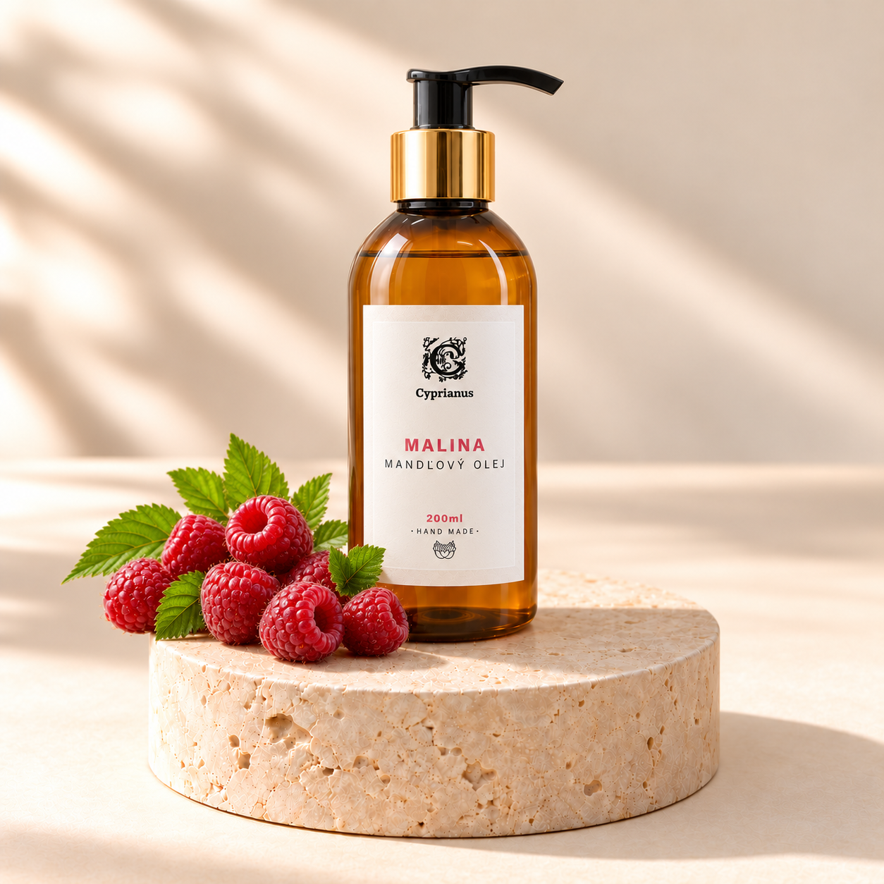 Mandľový olej Malina 200 ml v hnedej fľaške s pumpou