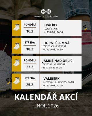 🧦 Únor s Czech Socks = trhy plné ponožek! 🇨🇿 Dorazíme za vámi hned 4x v únoru👇 📍16. 2. - Králíky 📍18. 2. - Horní Čermná...