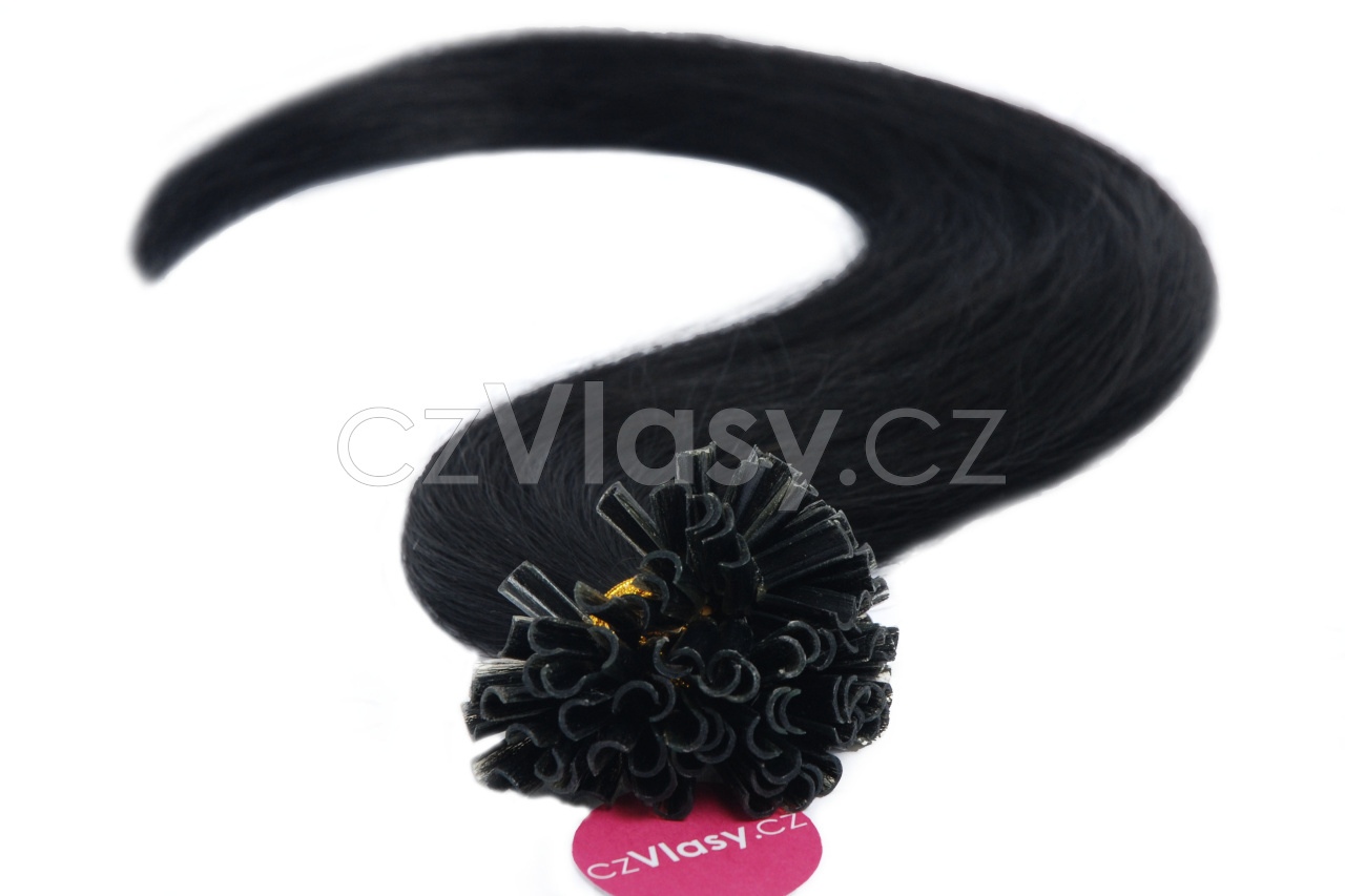 Asijské vlasy na metodu keratin odstín 1 po 20 ks Délka: 56 cm, Hmotnost: 0,5 g/pramínek, REMY kvalita