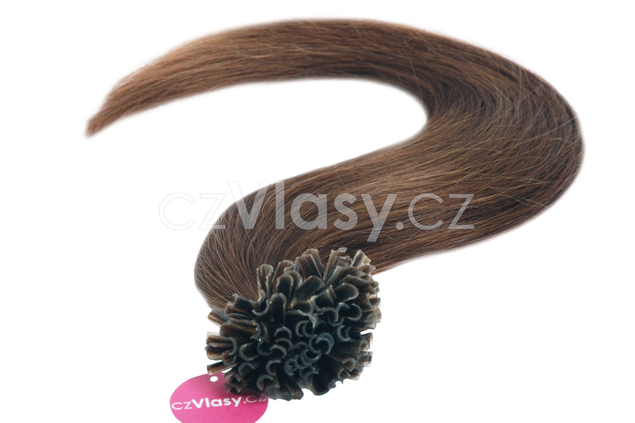 Asijské vlasy na metodu keratin odstín 4 po 20 ks Délka: 56 cm, Hmotnost: 0,5 g/pramínek, REMY kvalita