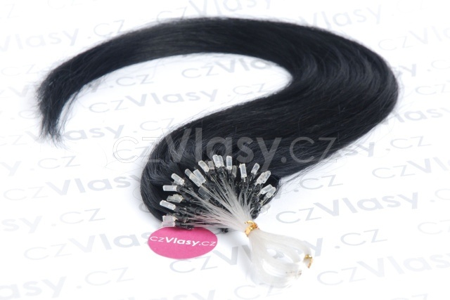 Asijské vlasy na metodu micro-ring odstín 1 po 20 ks Délka: 46 cm, Hmotnost: 0,5 g/pramínek, REMY kvalita