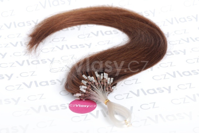 Asijské vlasy na metodu micro-ring odstín 4 po 20 ks Délka: 56 cm, Hmotnost: 0,5 g/pramínek, REMY kvalita