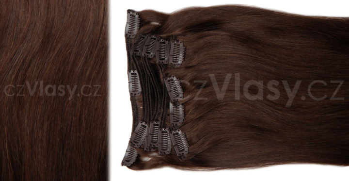 Clip in vlasy odstín 4 Sada: Objemnější - délka 60 cm, hmotnost 210 g