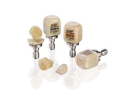 GC Initial LiSi Block – lithium disilikátové bloky s ukázkou korunky a fazety vyrobené v systému CEREC