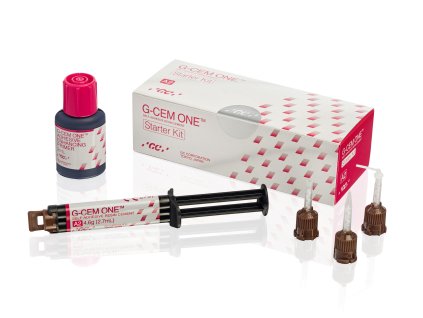 G-CEM ONE Starter Kit – univerzální samoadhezivní pryskyřičný cement, obsah balení, GC automix tips, G-Premio Bond