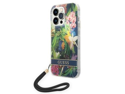 Pouzdro GUESS pro iPhone 14 Pro modrý pevný kryt s květinovým řemínkem