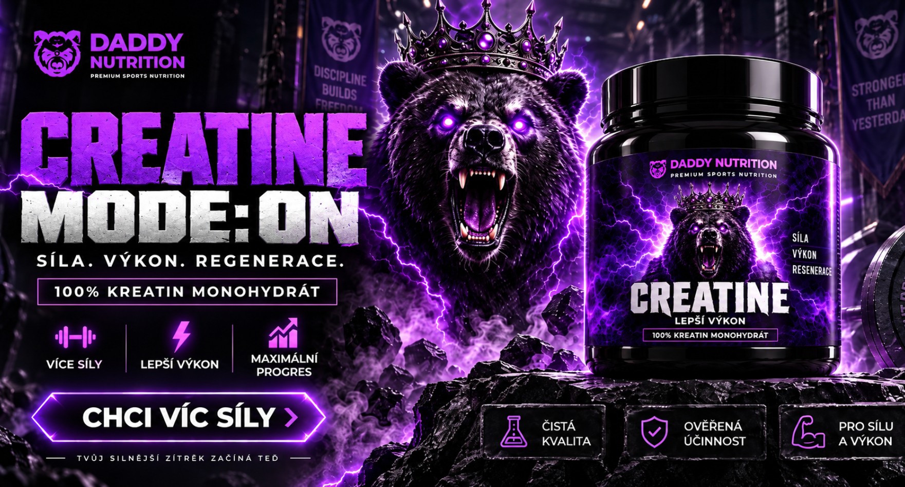 Kreatin monohydrát DADDY NUTRITION pro zvýšení síly, výkonu a regenerace – sportovní doplněk stravy.