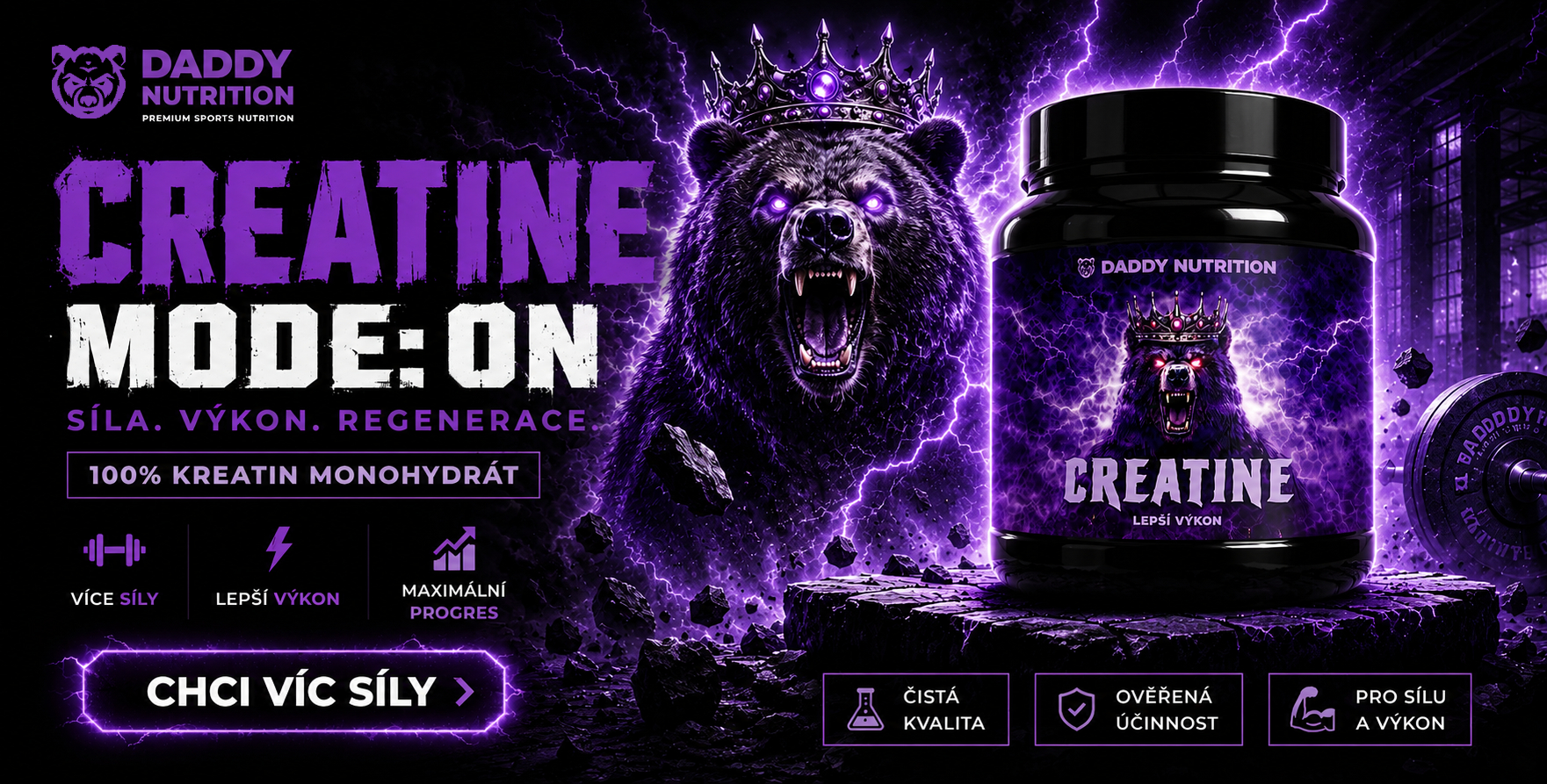 Kreatin monohydrát DADDY NUTRITION pro zvýšení síly, výkonu a regenerace – sportovní doplněk stravy.