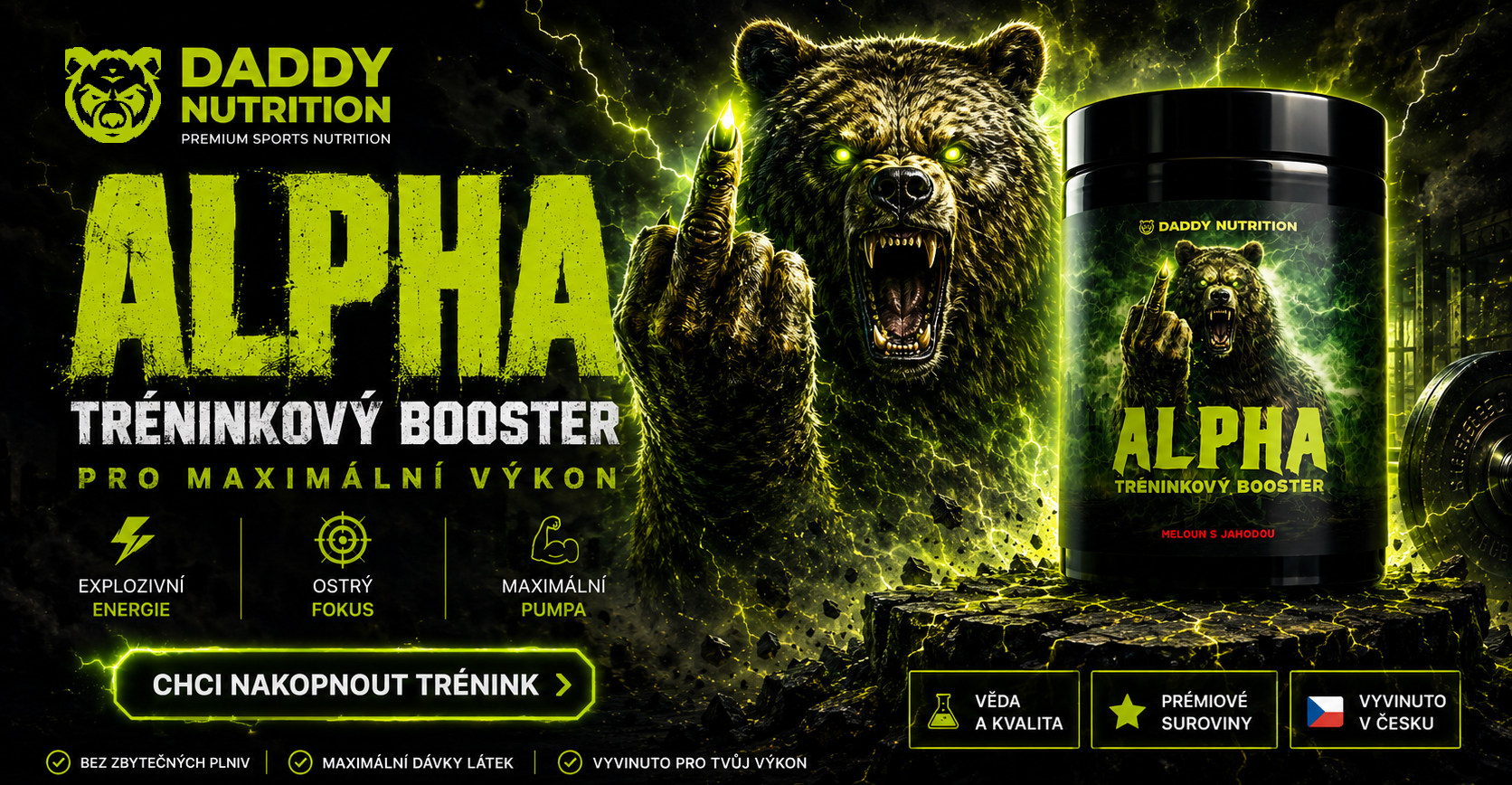 Pre-workout ALPHA od DADDY NUTRITION pro energii, koncentraci a maximální výkon při tréninku.