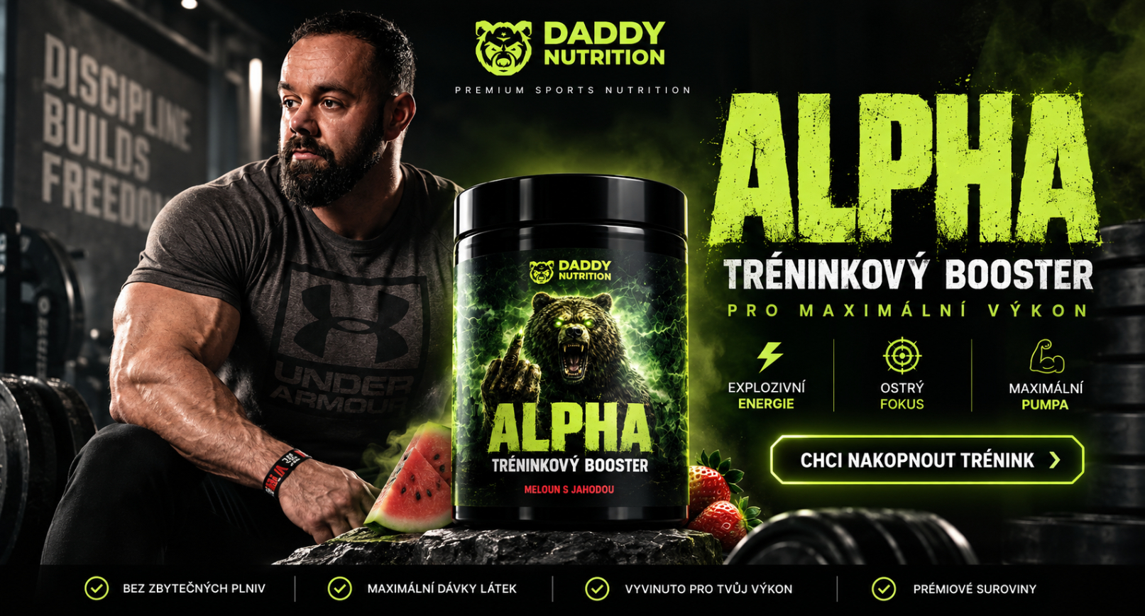 Pre-workout ALPHA od DADDY NUTRITION pro energii, koncentraci a maximální výkon při tréninku.