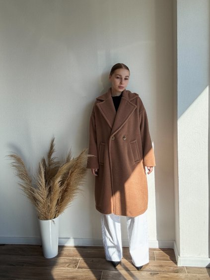 Vlnený oversize kabát - DARA - HNEDÁ