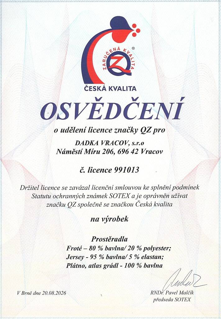 Certifikát QZ – Zaručená kvalita pro prostěradla DADKA VRACOV