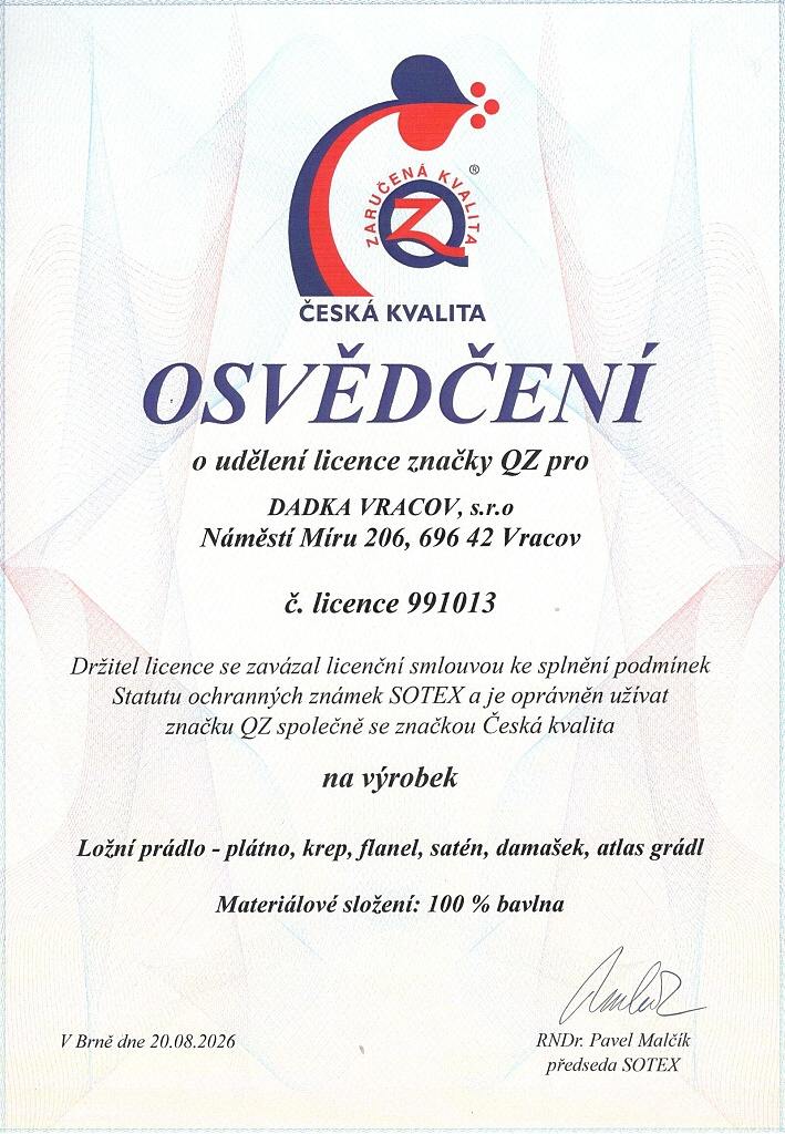 Certifikát QZ – Zaručená kvalita pro ložní prádlo DADKA VRACOV