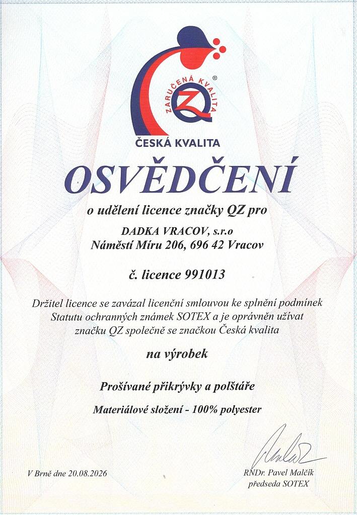 Certifikát QZ – Zaručená kvalita pro prošívané přikrývky a polštáře DADKA VRACOV