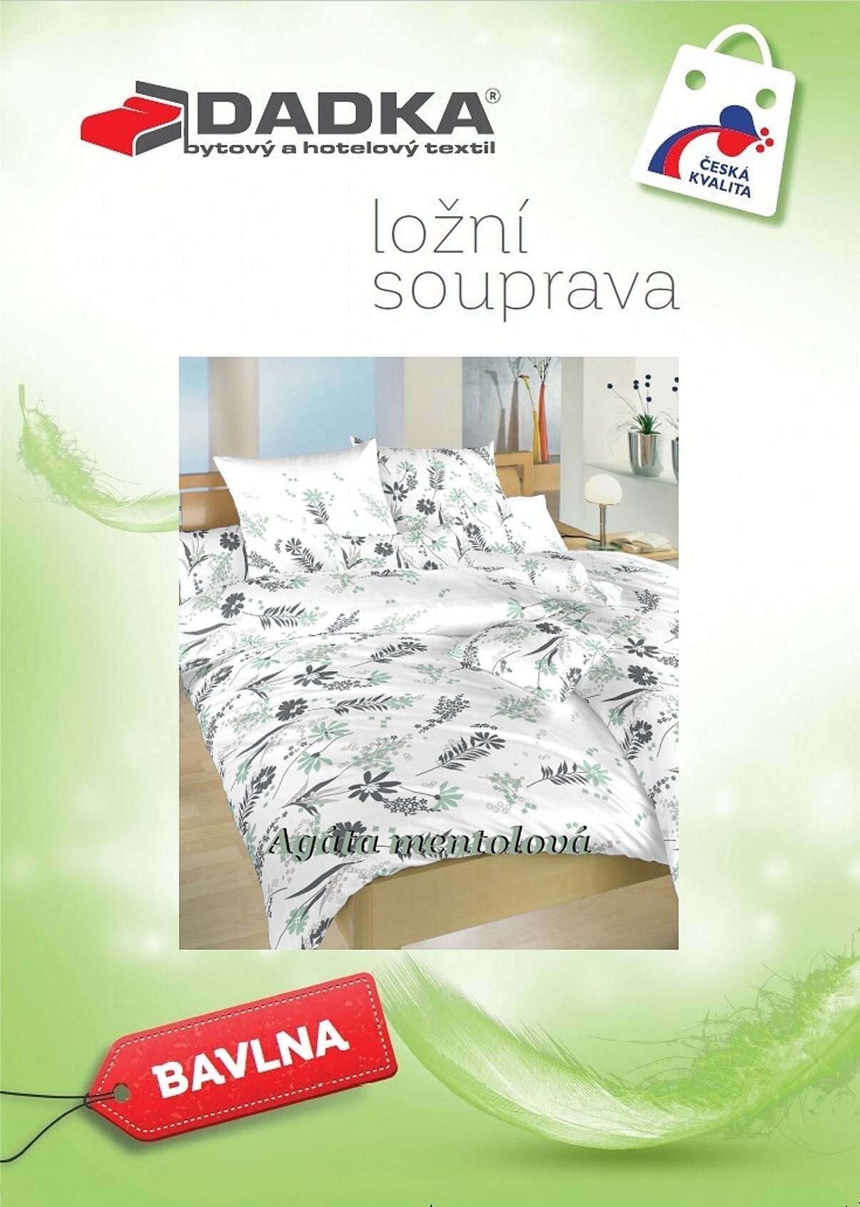 Povlečení bavlna Agáta mentolová na bílém 140x200, 70x90 cm