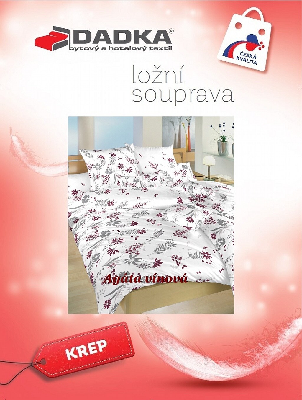 Povlečení krep Agáta vínová na bílém 140x200, 70x90 cm