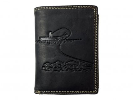 Kožená peněženka s motivem rybáře - černá 8764