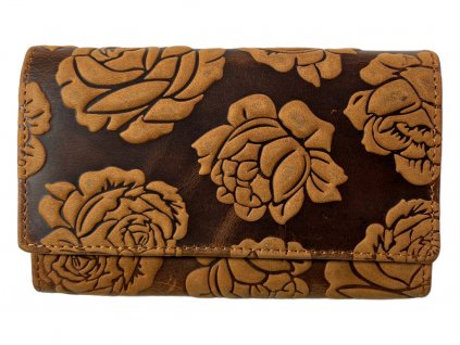 Dámská kožená peněženka s růží - hnědá 3995